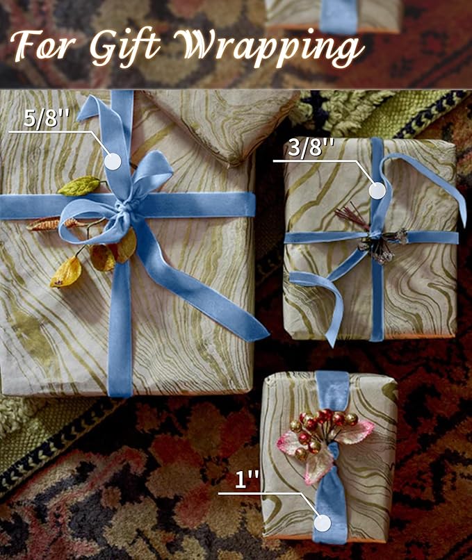 Light Blue Velvet Ribbon 5/8'' 25 Yards for Christmas Tree, Gift Wrapping, Flower Bouquet, Wreath Decorations, Bow Making