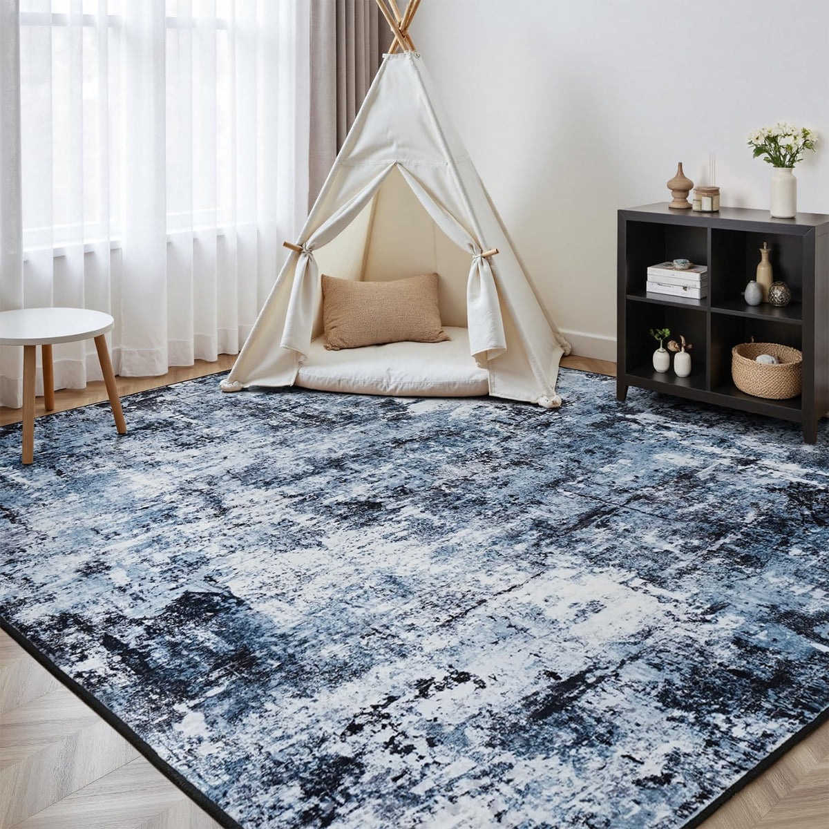 Rugflix 8x10 Area Rug for Living Room, Washable Navy Blue Dark Black Carpet
