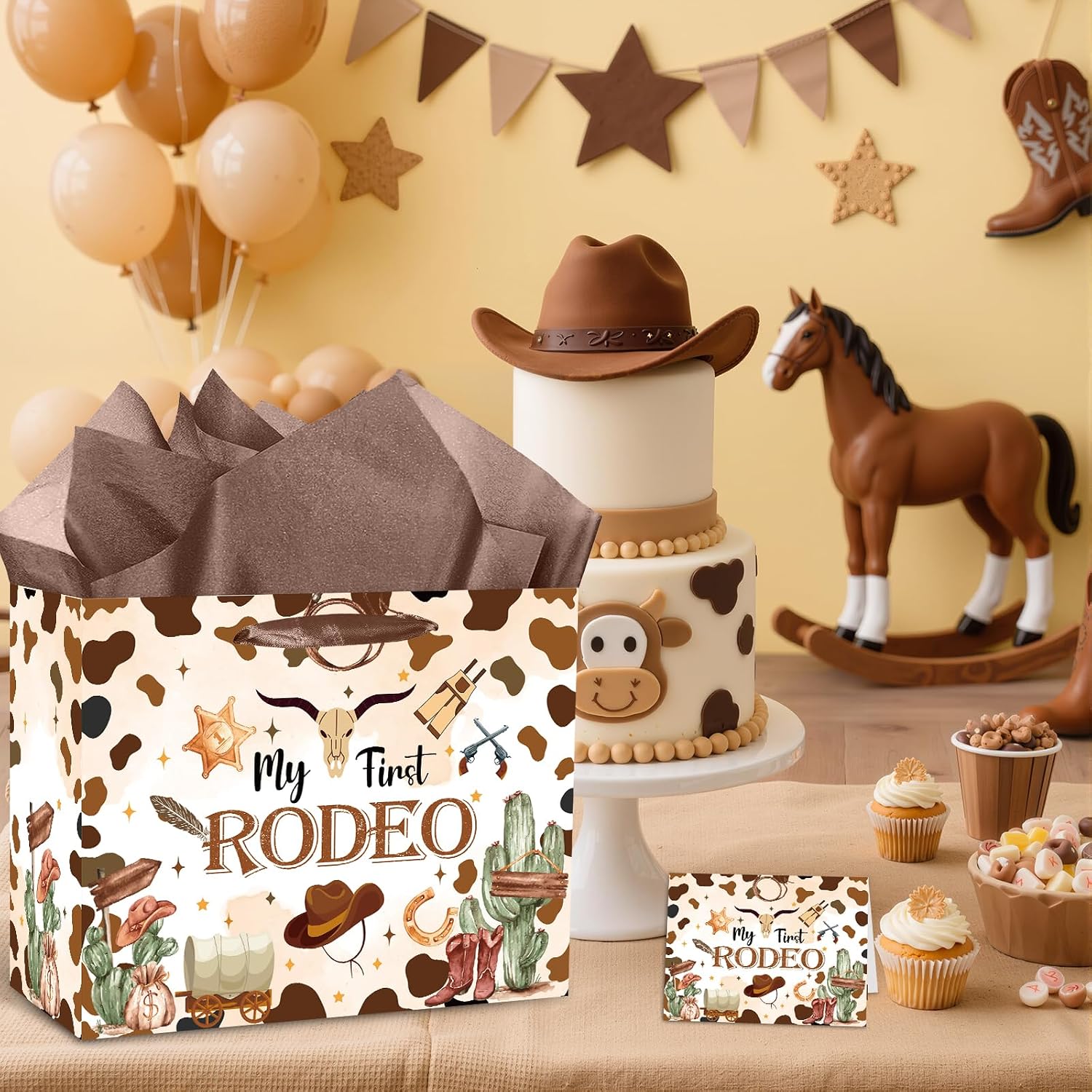 My First Rodeo Birthday Gift Bag Our Little Cowboy is Turning One Gift Bag with Tissue Paper Card Brown Wild West Western 1st Gift Wrapping Paper for Baby Boy Cowboy One Year Old Birthday Party Supply