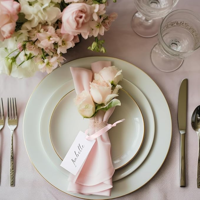 50 Pcs Name Place Cards for Table Setting Blank Wedding Place Cards with Satin Ribbon 1.57 x 3.54 Inch Hanging Gift Tags for Wedding Dinner Banquet Party Table Setting Supplies(Pink)