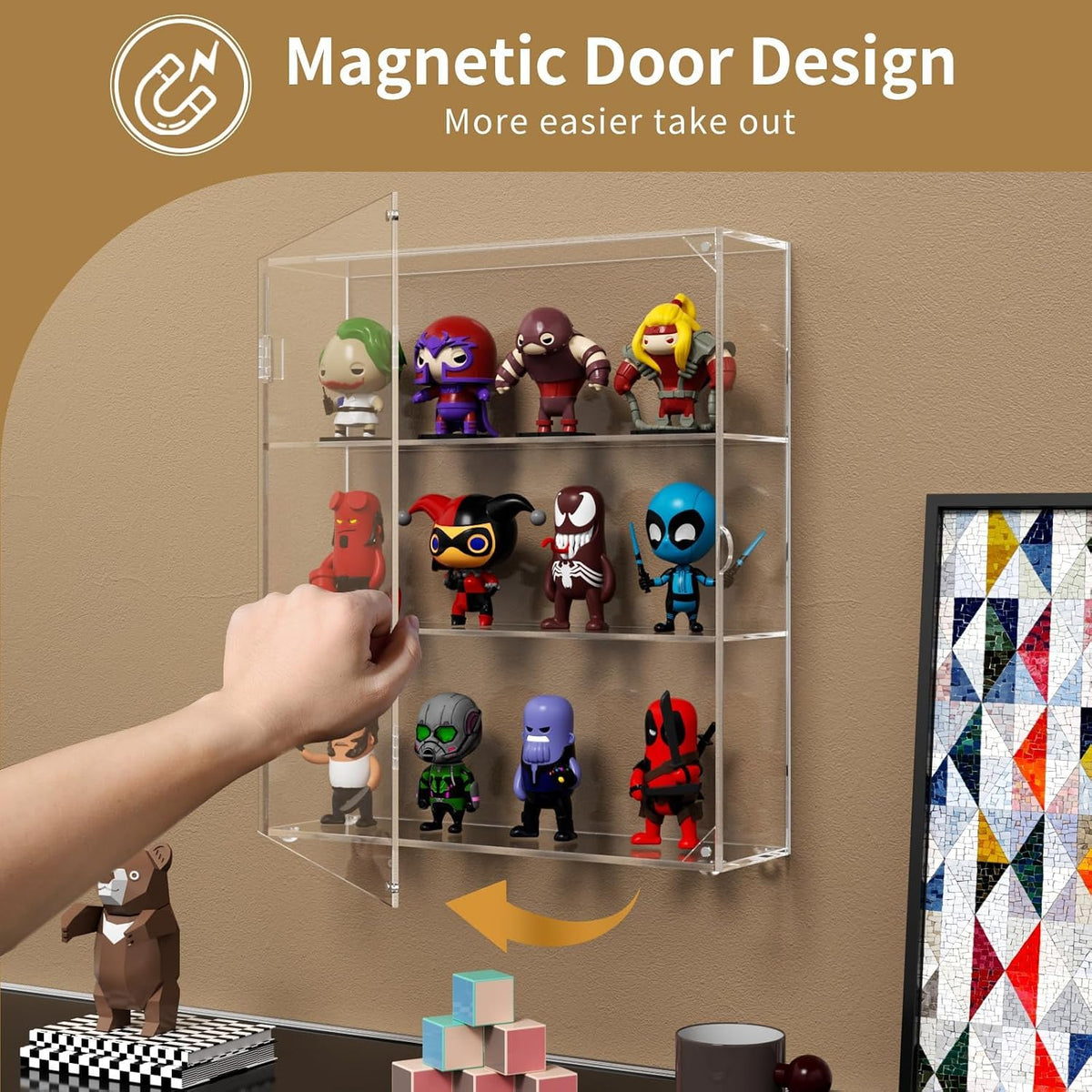 niubee acrylic display case for figures, dustproof clear, close-up detail