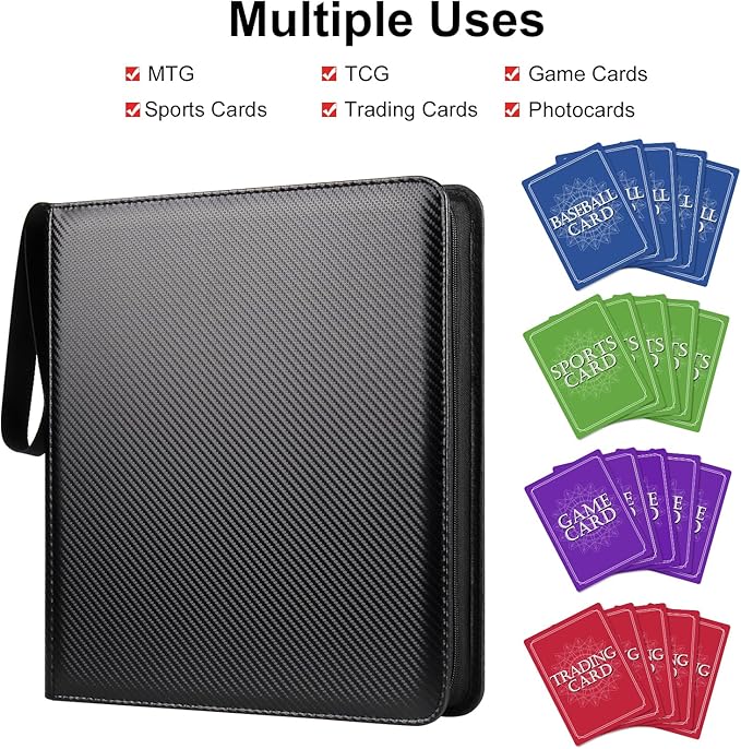 GEAoffice Trading Card Binder 12 Pocket Hold 720 Cards, Premium PU Cover Zipper Collection Binder, Ringless Side Loading Card Album Folder for YuGiOh, MTG, TCG, Game & Sports, Non-PVC, Carbon Black