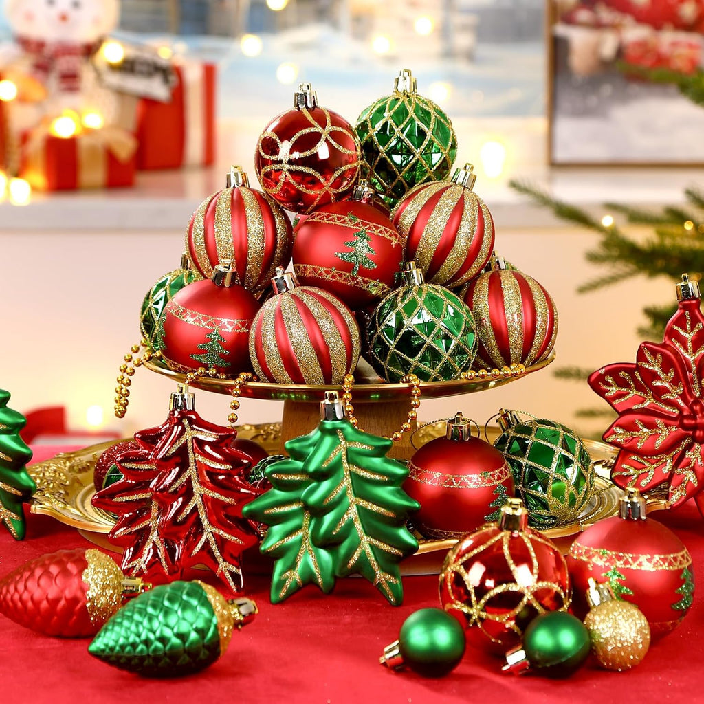 SHareconn 106PCS Christmas Balls Ornaments Set, Colorful Shatterproof Plastic Decorative Baubles for Xmas Tree Decor Holiday Wedding Party Decoration with Hanging Hooks, Red & Green Gold