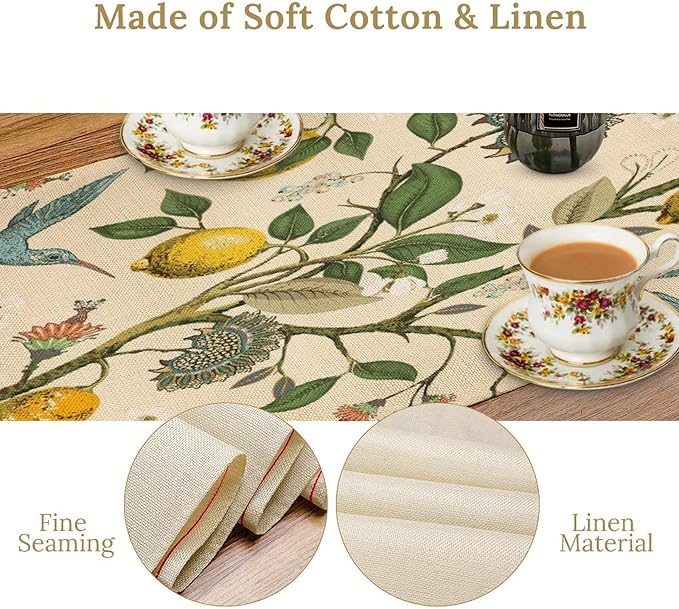 Table Runner with Flowers and Birds, Spring Plant Flowers Table Decoration Linen Table Runner Family Party Party Decorations 13x108 Inches