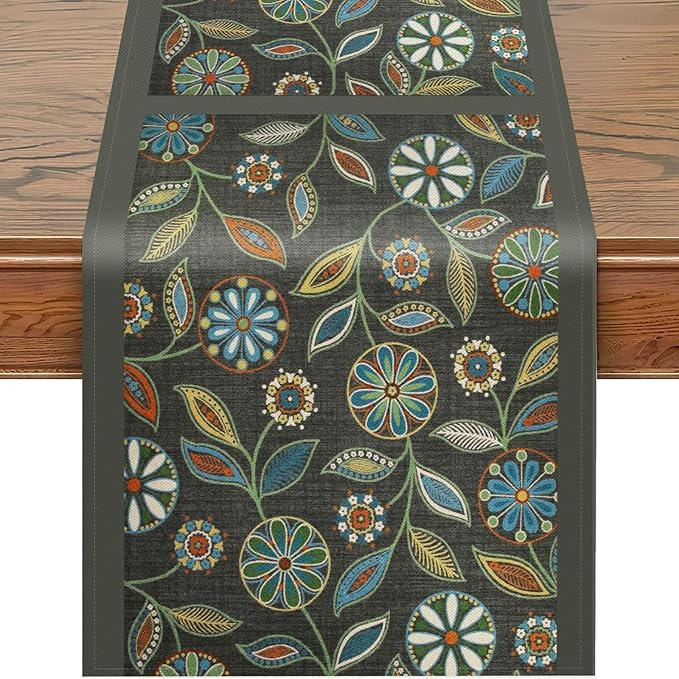 Snycler Table Runner Boho Table Runners Vintage Elegant Farmhouse Table Center Linen Decor for Home Dining Party Entrance (13x48 Inch) Gray&Green
