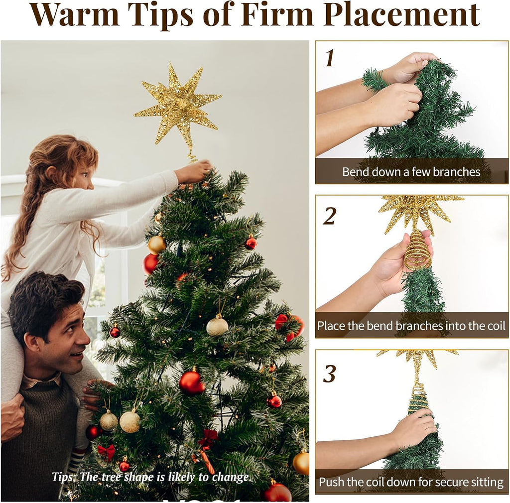 Lewondr Christmas Tree Topper, Plug in 3D Starburst Xmas Lighted Star Tree Topper, Remote Control & Timer Light Up Vintage Moravian Tree Topper for Christmas Decoraiton, Warm Light, Gold