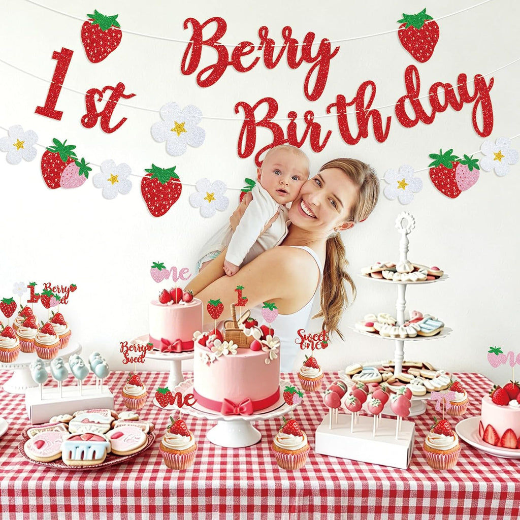 Berry First Birthday Decor, Berry 1st Cupcake Toppers Decorations | Berry 1st Banner, Sweet One, Strawberry, for Baby Shower Decorations, Girls First Birthday Party Supplies