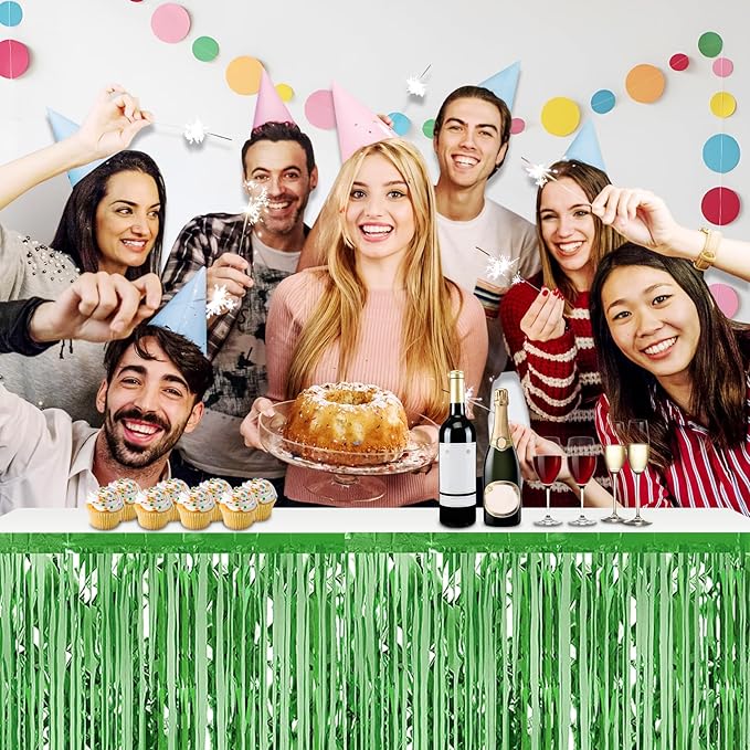 3 Pack 29x108 Inch Light Green Foil Fringe Table Skirts Metallic Banner for Tinsel Streamer Garland Backdrop for Parade Floats Wedding Thanksgiving Birthday Christmas Halloween Party Decoration