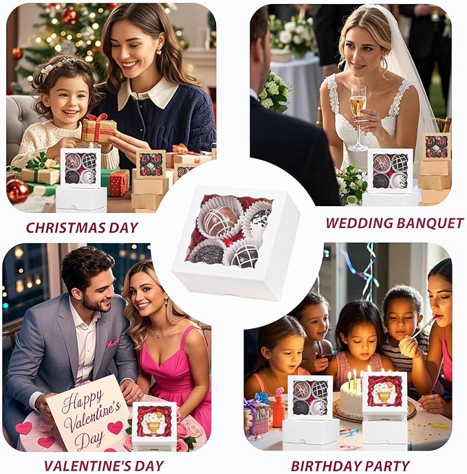 50-Count 4x4x2 Food-Safe Elegant White Bakery Boxes - Multi-Use Pastry & Treat Packaging for Cookies, Truffles & Wedding Favors (Stackable Gift Boxes for Cakes, Pies & Cinnamon Rolls)