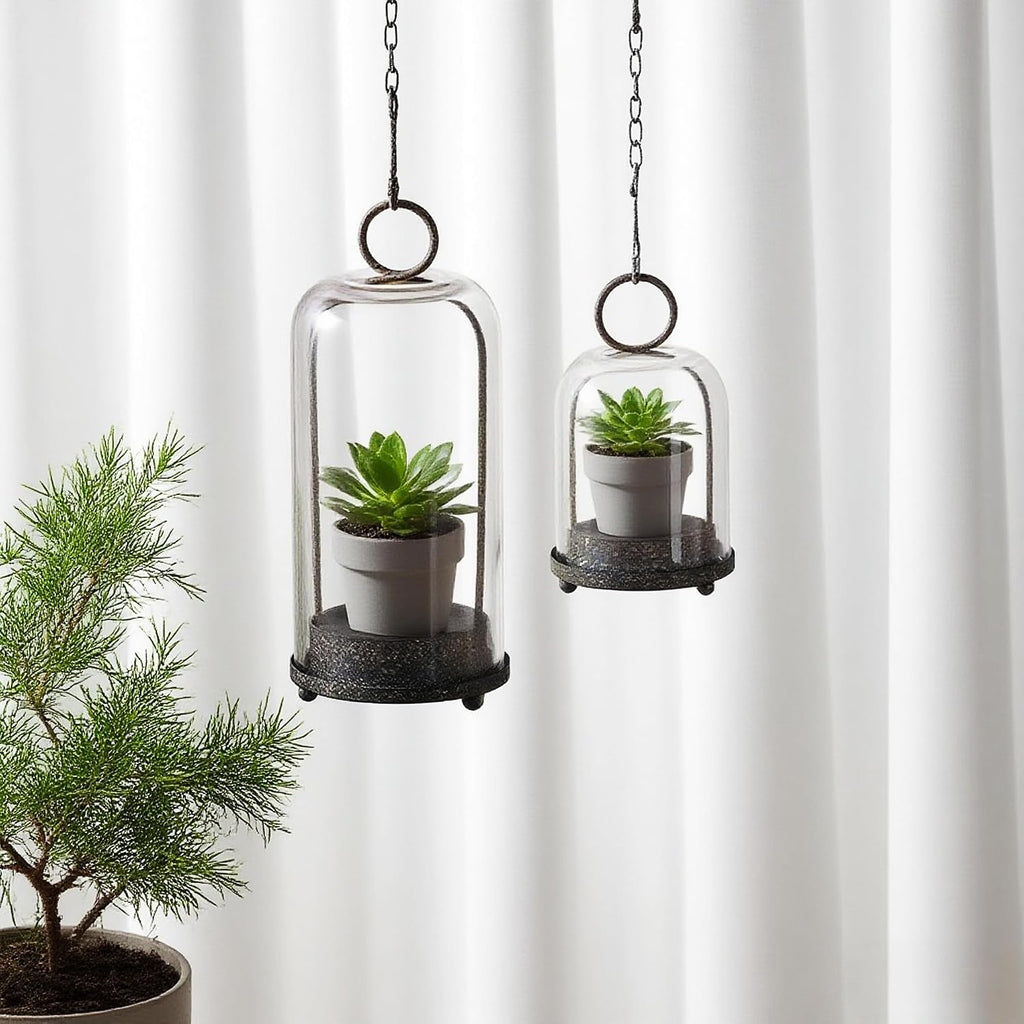 5" & 4" Wide Versatile Metal Candle Holder in Rustic Brown with Handmade Thick, Heavy & Sturdy Glass Dome for Pillar Candle, Industrial, Modern, Shelf, Mantel, Veranda, Porch