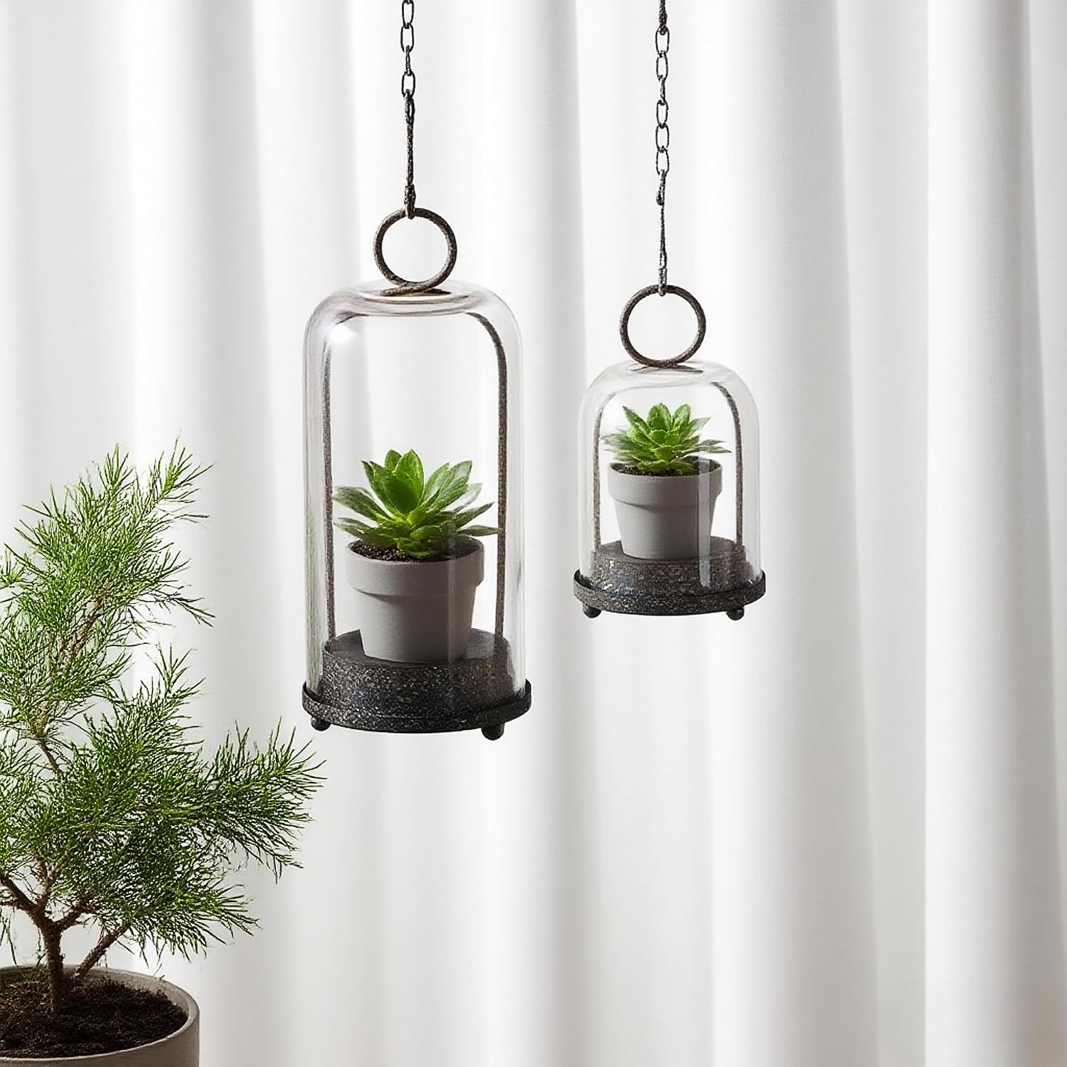 5" & 4" Wide Versatile Metal Candle Holder in Rustic Brown with Handmade Thick, Heavy & Sturdy Glass Dome for Pillar Candle, Industrial, Modern, Shelf, Mantel, Veranda, Porch