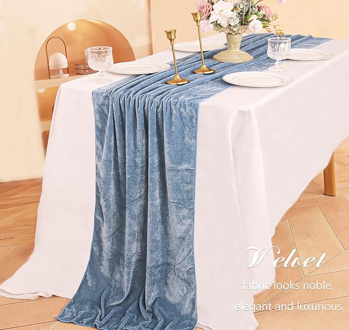 Velvet Table Runner 20 x 120 Inches 10ft Luxurious Thick Soft Velvet Christmas Thanksgiving Wedding Reception Table Runner for Party Reception Decorations(Dusty Blue, 6 Pack)