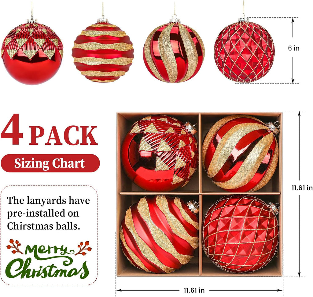 Alupssuc 6''/150mm Large Christmas Ball Ornaments, 4Pcs Christmas Tree Decor, Shatterproof Hanging Decorations with Hooks, Red & Gold Baubles for Xmas Tree, Wedding, Holiday and Party Decor