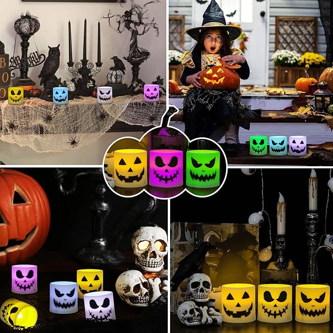 Halloween Flameless Candles - 3 Pack Colored Battery Operated Pumpkin Ghost Face Candles,LED Muti Color Grimace Night Light,Scary Halloween Decor,Fall Table Centerpieces, Spooky Home, Day of The Dead