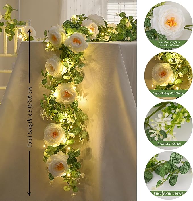 Dolicer 2Pcs 13Ft Artificial Eucalyptus Garlands with Flowers, Faux Floral Greenery Garlands with 13Ft String Lights Fake Flowers Vines for Wedding Centerpieces Arch Party Decor (White)