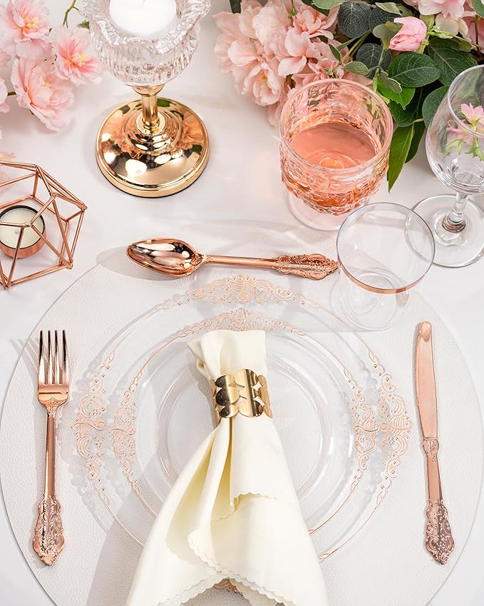 Nervure 350PCS Rose Gold Plastic Plates - Rose Gold Plastic Dinnerware Sets for 50 Guests - 100 Disposable Plates, 150 Silverware, 50 Cups, 50 Napkins for Wedding & Party