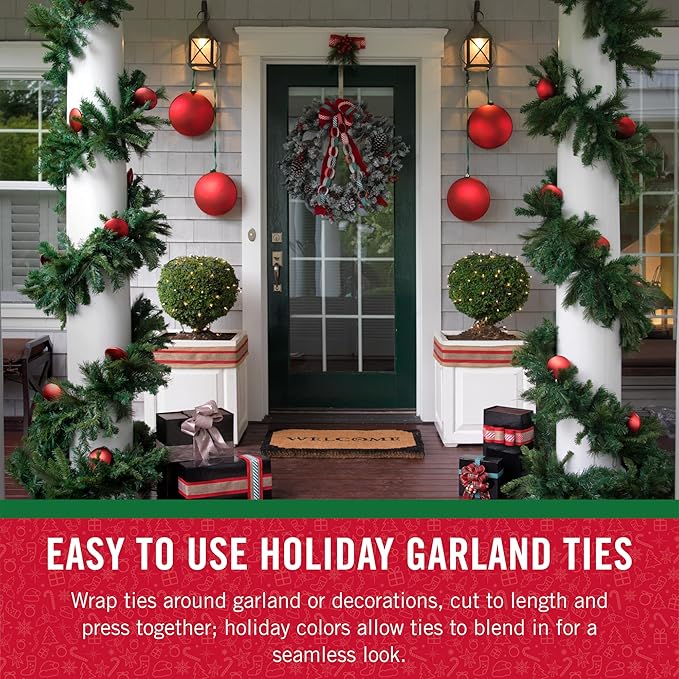VELCRO Brand Holiday Garland Ties or Cable Straps | Hang Garlands, Lights or Wreath | for Banister, Railings, Stairs or Lamp Posts | 30ft Roll Cut to Custom Length | Green