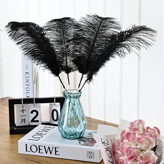 Bulk Black Ostrich Feathers - 12Pcs 12-14inch Crafting Supplies for Centerpiece Table Decorations (Black)