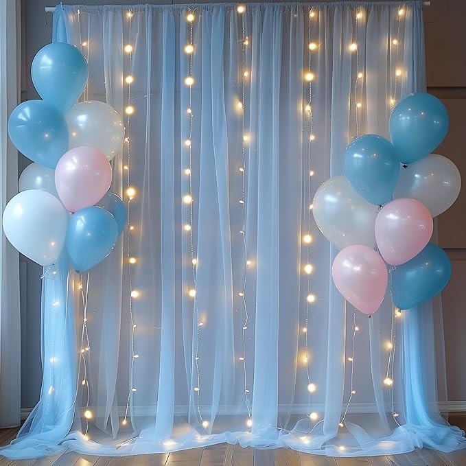 30×10ft Blue Tulle Backdrop Curtain with Lights String for Parties, Sheer Photo Backdrop Curtains for Wedding Party Photography Background
