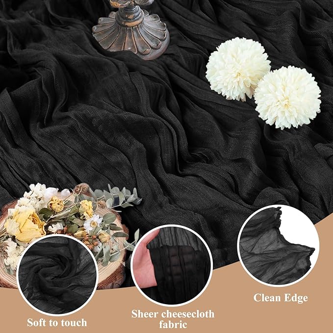 Asee'm 6pcs Cheesecloth Table Runner 120 Inches Long Black Boho Gauze Cheese Cloth Runner 10FT Rustic Sheer Table Runners for Christmas Wedding Party Baby Shower Spring Easter Decoration