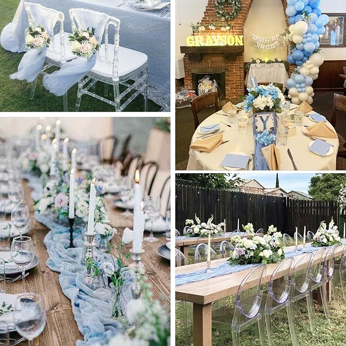 12 Pack Dusty Blue Cheesecloth Table Runners 35x120 Inch,10FT Boho Fall Thanksgiving Blue Gauze Table Runner Cheese Cloth for Wedding Party Baby Shower Home Decorations