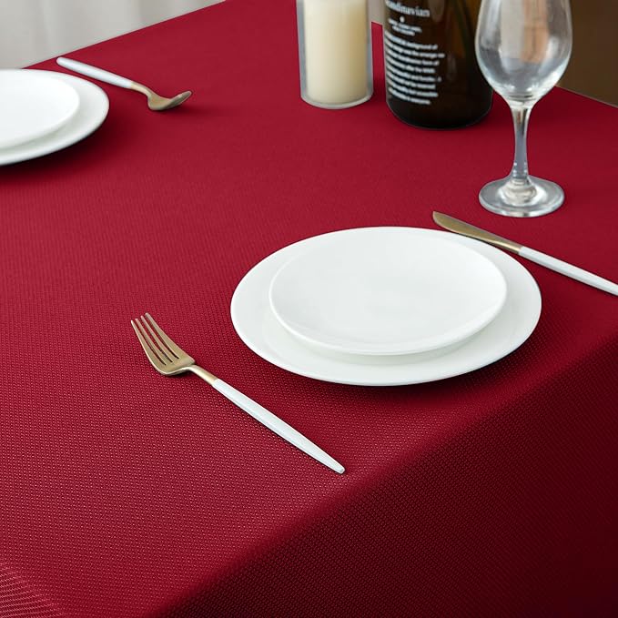 Biscaynebay Textured Fabric Christmas Rectangle Table Cloth 90x132 Inch, Red Water Resistant Tablecloths for Dining, Kitchen, Wedding and Parties, Machine Washable