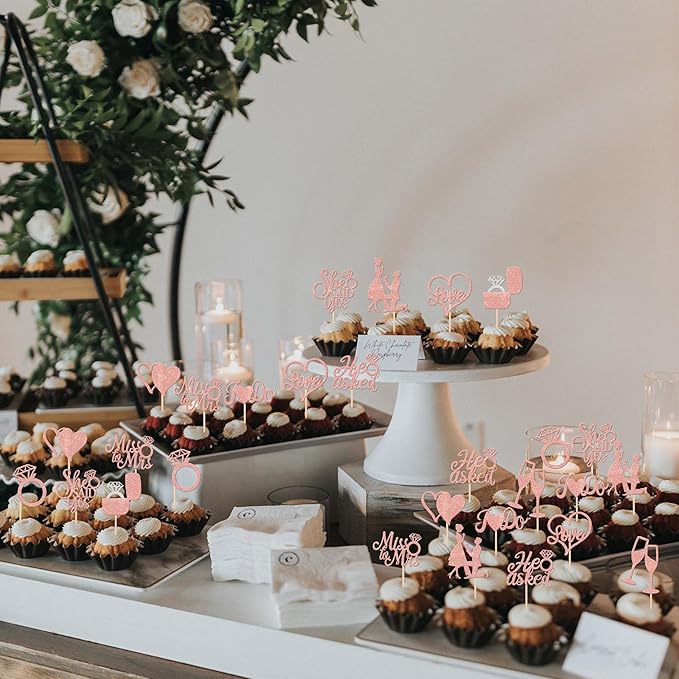 30 PCS He Asked She Said Yes Cupcake Toppers Glitter Wedding Engagement Cupcake Picks Miss to Mrs I Do Love Heart Ring Miss to Mrs Cake Decorations for Wedding Engagement Party Supplies Rose Gold