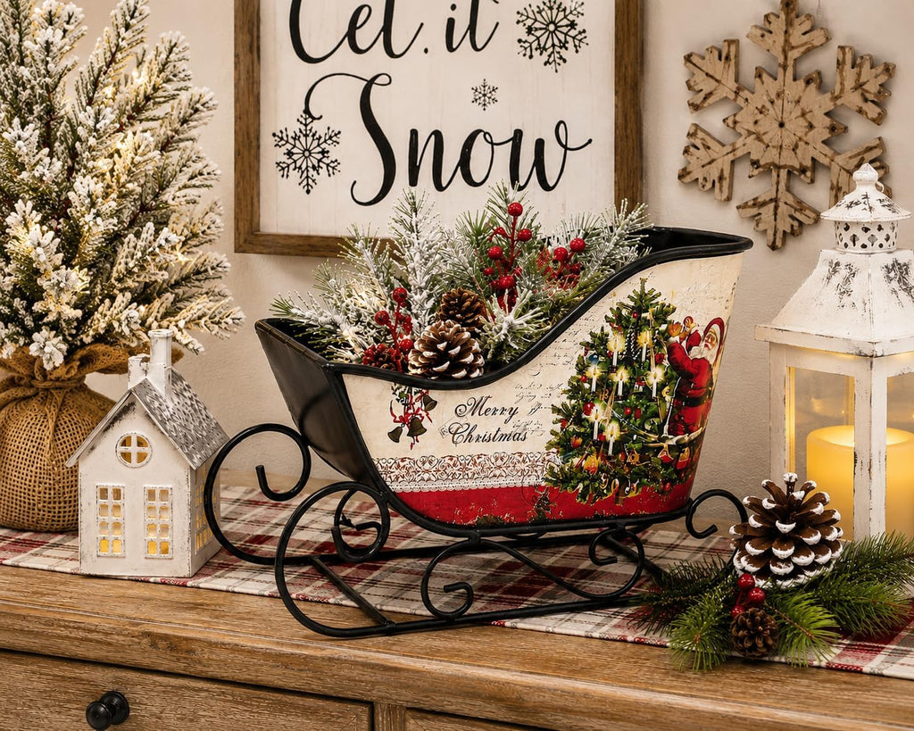 Christmas Sleigh Metal Ornament Small Candy Storage Gift Tabletop Centerpiece Mantel Fireplace (Multicolor Merry Christmas)