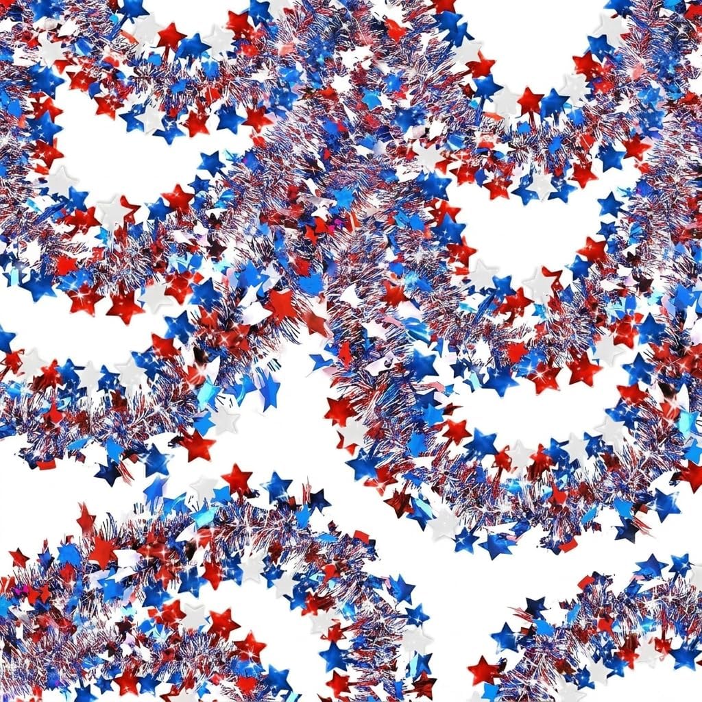 4th of July Garland, 50Ft Red White Blue Tinsel Patriotic Decor – Golf Cart Car Parade Boat Tree Outdoor Indoor, Memorial Day 250th Anniversary Independence Day Party