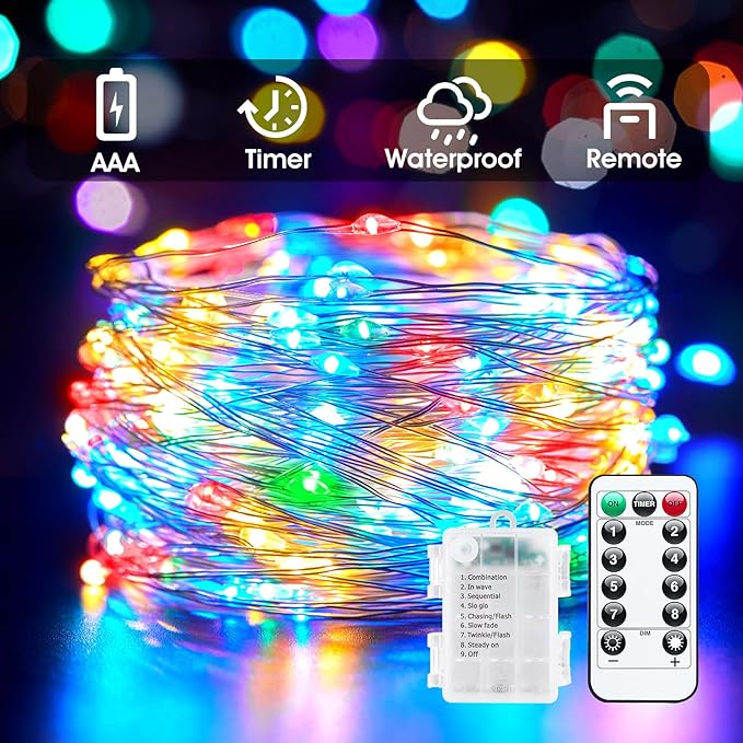 Minetom 66Ft 200 LED Outdoor String Lights, Fairy Lights Battery Operated with Remote, Waterproof, for Bedroom Dorm Patio Tapestry Backyard Garden Party Indoor Christmas Decoration, Multicolor