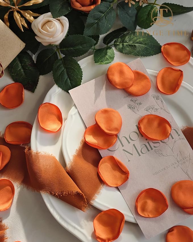 TINGE TIME Silk Flowers: 200pcs Rose Petals for Wedding, Decoration, Bridal Showers, Flower Girl Petals for Anniversaries & Parties (Burnt Orange)