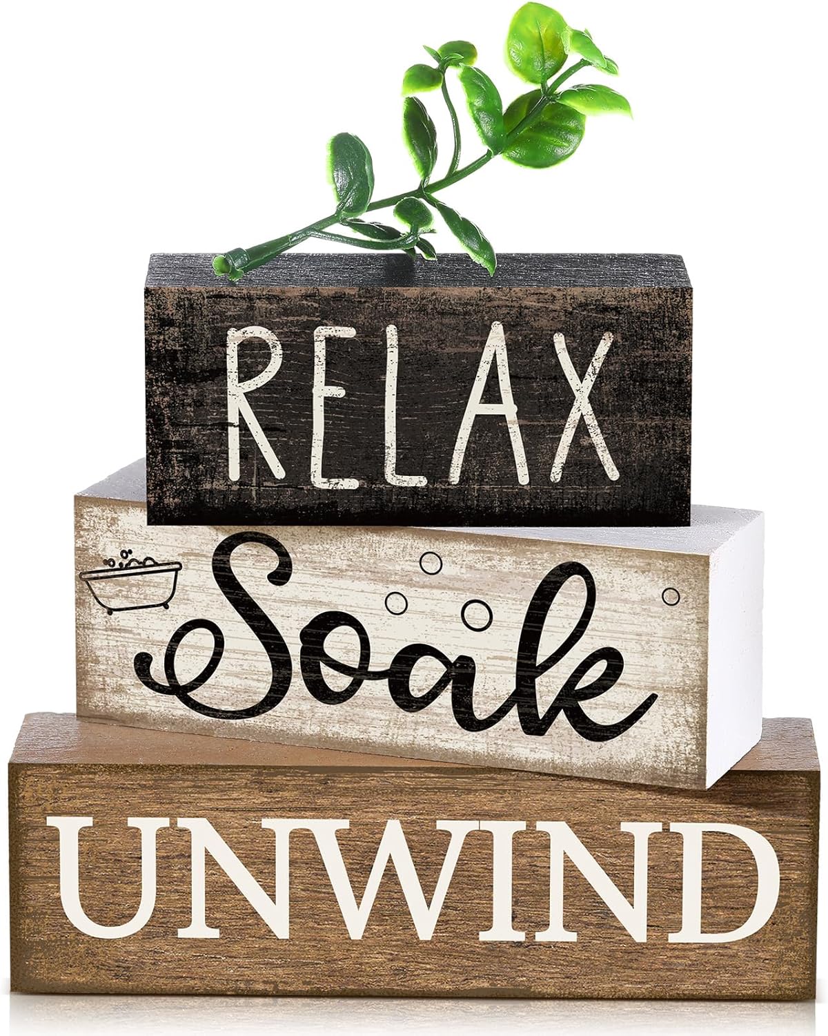 Moucuny 4 Pcs Bathroom Shelf Decor Sign Farmhouse Bathroom Decor and Accessories Rustic Eucalyptus Leaves Wood Block Sign Gift Relax Soak Unwind Farmhouse Table Centerpiece for Home Toilet