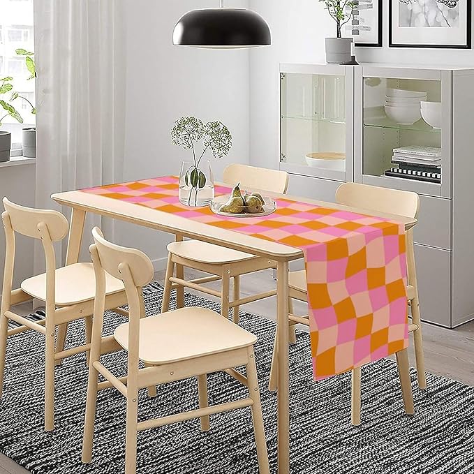 Checkered Table Runner Orange Retro 60s70s Boho Style Kitchen Restaurant Decoration Suitable for Indoor and Outdoor Festival Home Wedding Party Table Runner 13x36 Inch