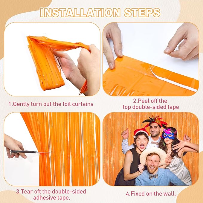 2Pack Orange Backdrop Curtains, Orange Tinsel Backdrop, Metallic Party Streamer Fringe Curtains, Foil Curtains Birthday Party, Curtain Backdrop for Baby Shower Bachelorette Xmas Party Halloween Decors