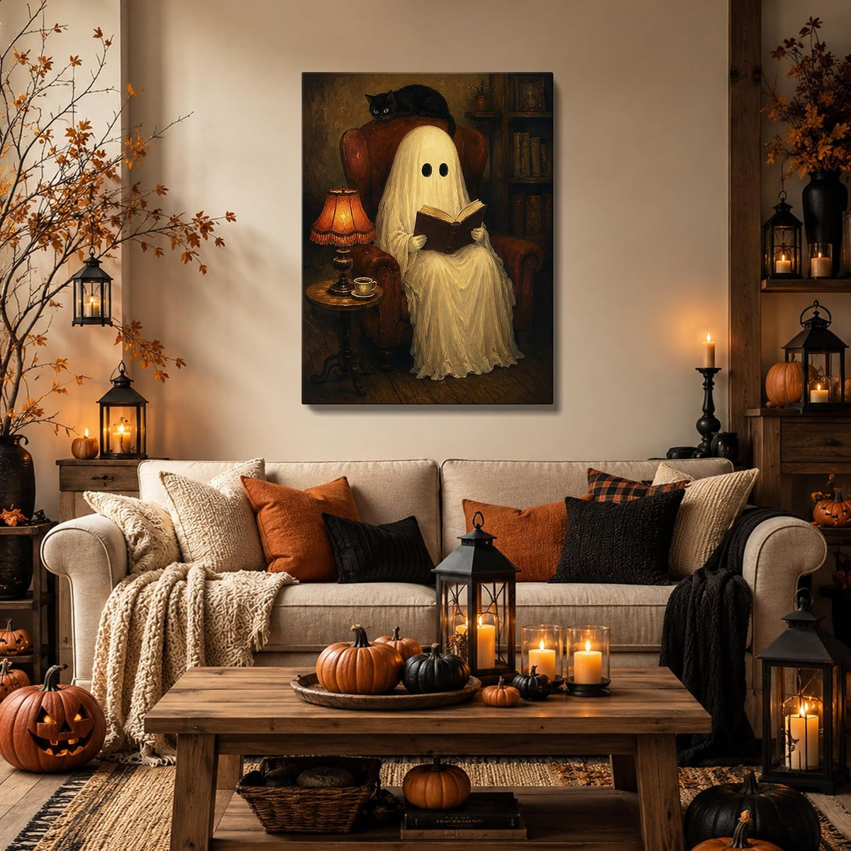 Halloween Canvas Wall Art, Reading Ghost with Black Cat Halloween Pictures