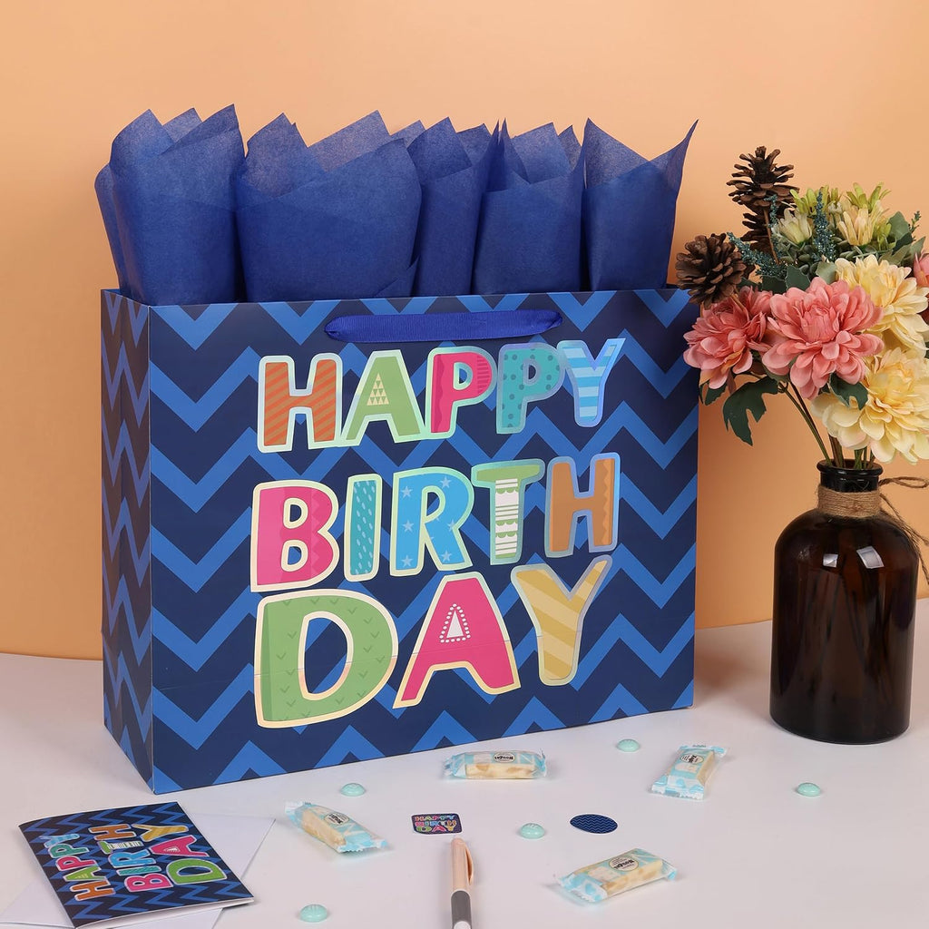 Qirrmiy 16.5” Extra Large Blue Happy Birthday Gift Bag Set with Handles, Greeting Card, Tissue Papers and Stickers for Men Boys Teens, for Kids' Parties, Laser Foil 'Happy Birthday' Design, 1 Pcs