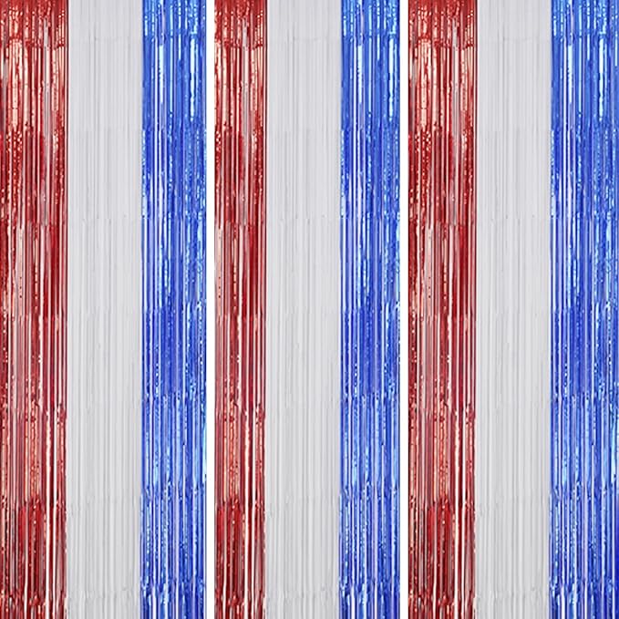 3 Pack Foil Fringe Backdrop - Red&White&Blue Shiny Tinsel Curtains for Party Decoration/Photo Booth Props - 3.3x8.2 FT Metallic Foil Backdrop for Birthday, Wedding, Graduation, Christmas.