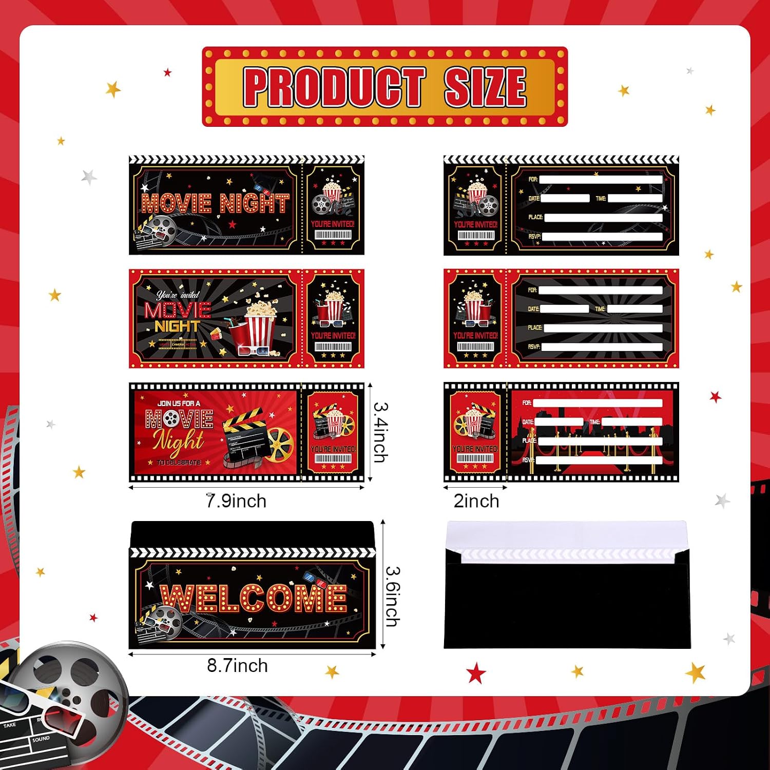 Harloon 36 Sets Movie Party Invitations Movie Night Theater Birthday Party Invitations Cards Popcorn VIP Ticket with Envelopes Postcards Red Carpet Birthday Supplies