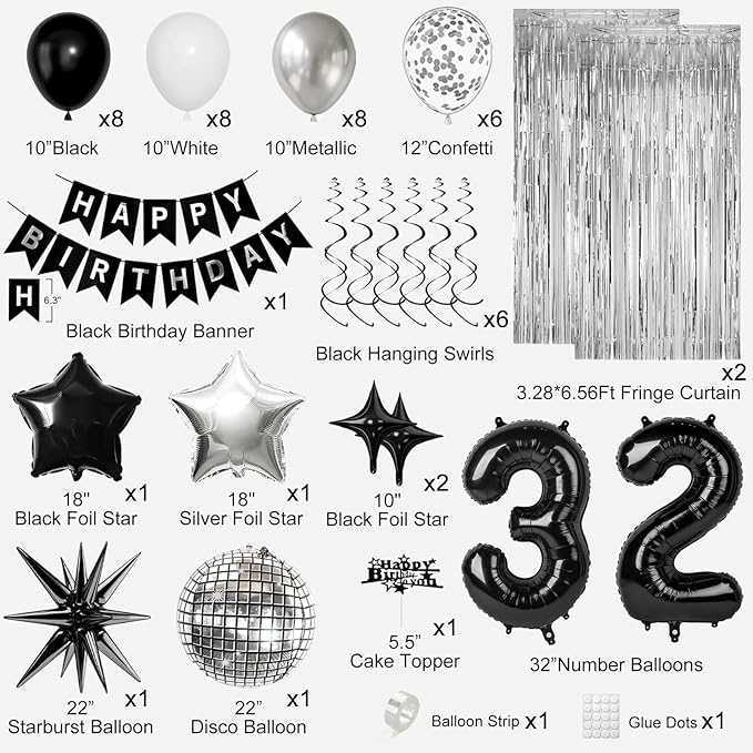 32nd Birthday Decorations for Men Women, Black Silver Happy Birthday Party Decorations， 32 Year Old Party Supplies with Number 32 Balloons, Banner, Fringe Curtains Kit