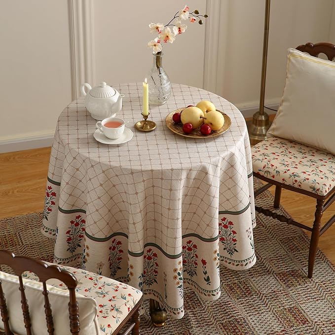 ISAENNE Designer Vintage Linen Floral Round Tablecloth,Fall Colorful Modern Table Cloth,Anti-Wrinkle Decor Tablecloths for Dining Thanksgiving Kitchen Christmas,Diameter 67"-Bertina E