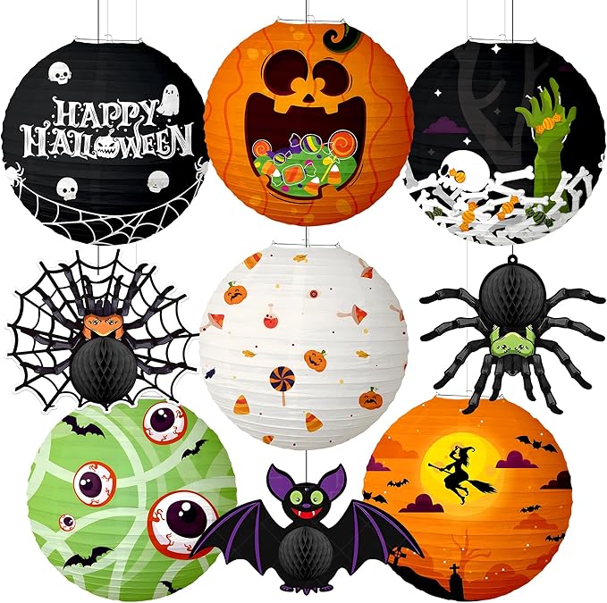 KatchOn, Halloween Paper Lanterns & Honeycomb Set – Pack 9 | Hanging Halloween Decorations Indoor, Outdoor | Spooky Hanging Decorations | Halloween Honeycomb for Halloween Party Decorations