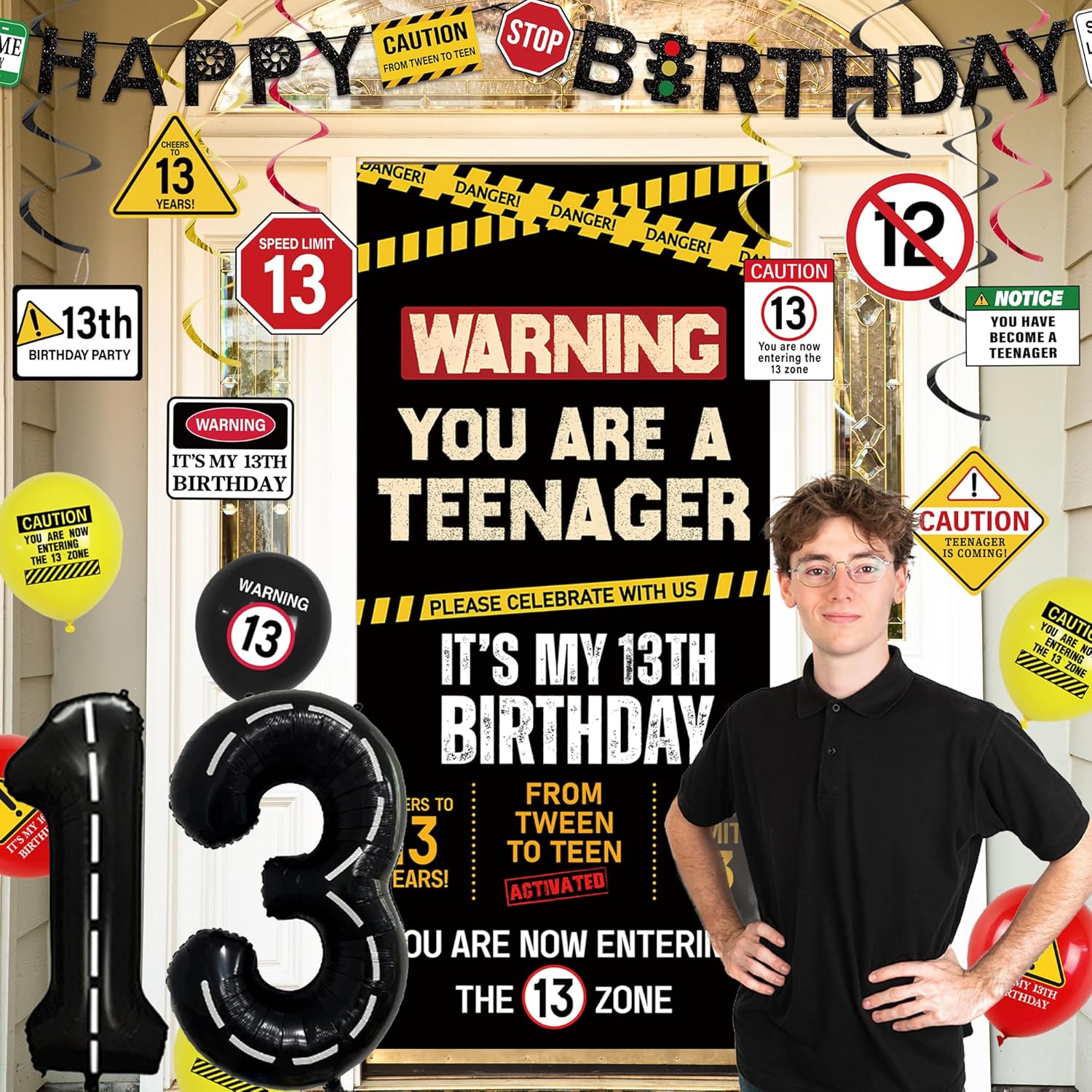 Roetyce 13th Birthday Decorations Boys Girls, Black Happy 13th Birthday Banner Backdrop Balloons Hanging Swirls, Caution Logo Themed Teenager 13 Years Old Party Yard Door Wall Cover Background