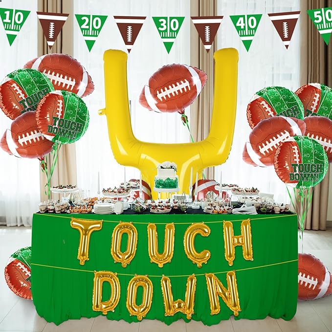 Football Party Supplies Kit - Touchdown Letter Balloon, Goal Post & Football Shaped Foil Balloons, Round 'Touchdown!' Foil Balloons, and Banner for Birthday, Game day, Tailgate Party Decorations