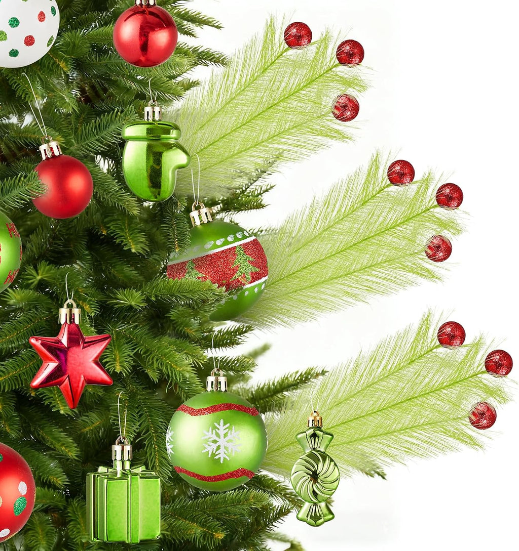 10 Pcs Christmas Tree Topper - 17" Christmas Tree Picks and Sprays Lime Green Curly Stems with Red Ball Artificial Xmas Decorations for Vase Fillers Wreath Home Party Holiday Docor