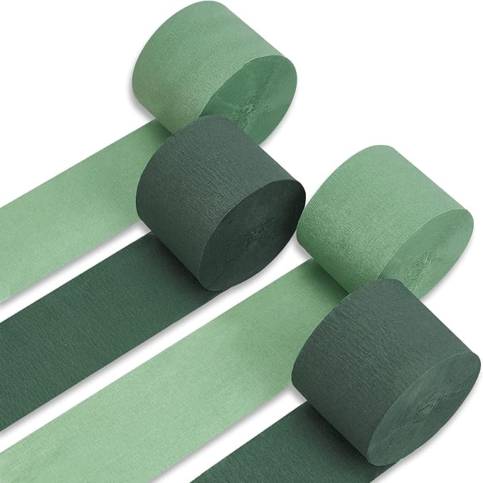 PartyWoo Dark Green Crepe Paper Streamers 4pcs 328ft Pack of Sage Emerald Forest Hunter Green Crepe Paper Streamers for Birthday Baby Shower Woodland Dinosaur Jungle Football Theme Party Decorations