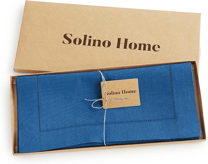 Solino Home Linen Table Runner 108 Inches Long - 100% Pure Linen Indigo Blue Table Runner 14 x 108 Inch for Fall, Autumn, Christmas - Classic Hemstitch