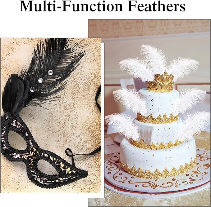 Crowye 100 Pcs Ostrich Feathers Bulk for Centerpieces Craft Ostrich Feathers for Vase Wedding Masquerade Party Home Costume Decorations (6-8 Inch,Black,White)