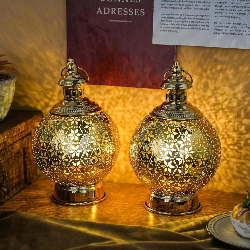 TRIROCKS Ramadan Lanterns Set of 2 10" Gold Electric Candle Holders with Timer, Metal Decorative Vintage Lanterns for Indoor/Outdoor Decor, Perfect EID Mubarak Gift