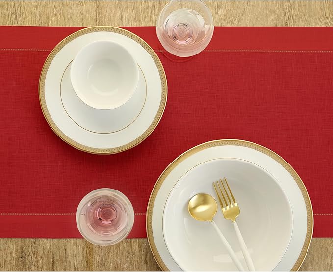 Solino Home Linen Red Table Runner 132 Inches Long - 100% Pure Linen Extra Long Table Runner 14 x 132 Inch for Christmas, Holiday - Classic Hemstitch