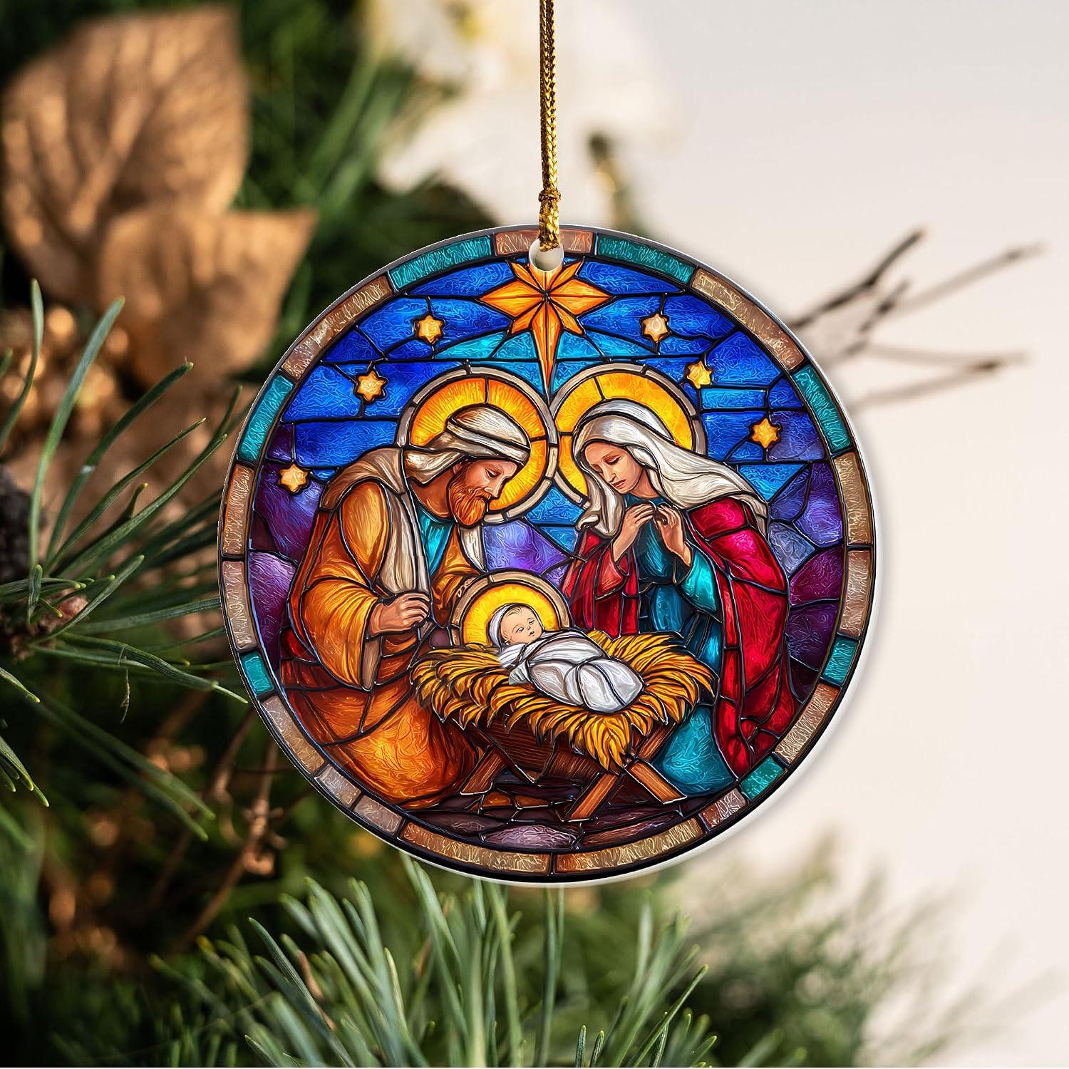 Christmas Nativity Scene Ornament 2025, Holy Family Stained Glass Effect 3.54" Acrylic Ornament, Baby Jesus Ornaments for Christmas Tree Decor - Catholic Religious, Christian Gifts for Women, Friends